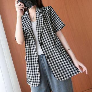 Short-sleeve Gingham Single-breasted Blazer