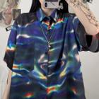 Iridescent Printed Short-sleeve Button-down Shirt As Shown In Figure - One Size