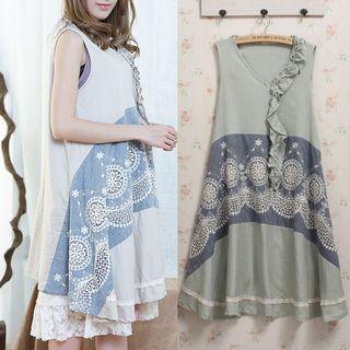 Ruffle Trim Embroidered Sleeveless Dress