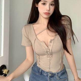 Asymmetrical Short-sleeve Paneled T-shirt