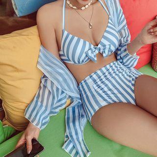 Set: Striped Halter-neck Bikini Top + High-waist Bottom + Long-sleeve Cover-up