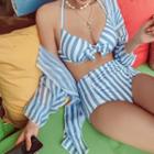 Set: Striped Halter-neck Bikini Top + High-waist Bottom + Long-sleeve Cover-up