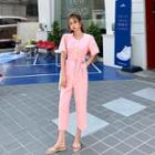 Buttoned Wide-leg Jumpsuit Pink - One Size