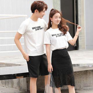 Couple Matching Set: Lettering Short-sleeve T-shirt + Lace Pencil Skirt / Lettering Short-sleeve T-shirt / Plain Shorts