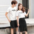 Couple Matching Set: Lettering Short-sleeve T-shirt + Lace Pencil Skirt / Lettering Short-sleeve T-shirt / Plain Shorts