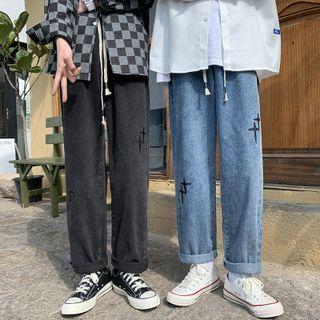 Crisscross Embroidered Straight Leg Jeans