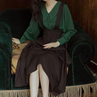 Set: Puff-sleeve Shirt + Midi Jumper Skirt