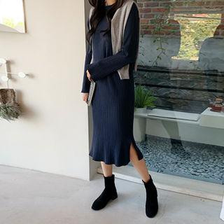 Slit-hem Rib-knit Dress Navy Blue - One Size