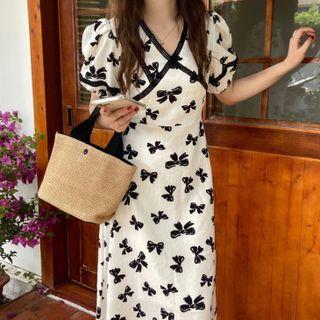 Puff-sleeve V-neck Bow Print Midi A-line Dress Bow Print - White - One Size