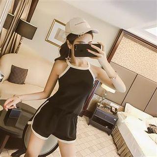 Sports Set: Sleeveless Contrast Trim Top + Shorts Black - One Size