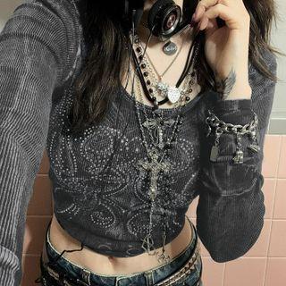 Long-sleeve Rhinestone Printed Cropped T-shirt