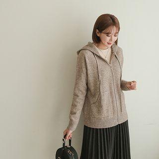 Patch-pocket Zip-up Boxy Knit Hoodie