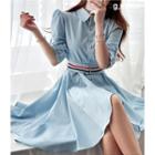 Tab-sleeve Metallic-button Flared Shirtdress With Belt Blue - One Size