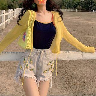 Spaghetti Strap Top / Knit Light Jacket / Beaded Pineapple Frayed Hem Ripped Denim Shorts