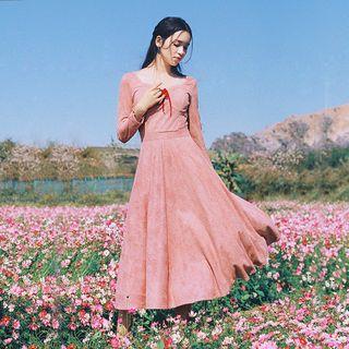 Long-sleeve Faux Suede A-line Midi Dress