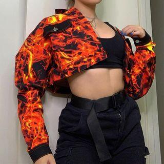 Cropped Fire Print Shirt Jacket