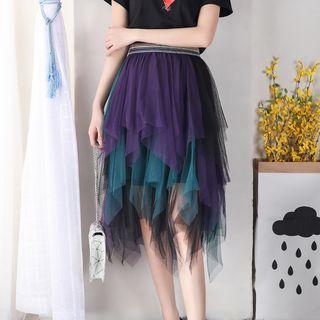 Irregular Frilled Tiered Mesh Midi Skirt As Shown In Figure - One Size