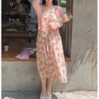 Long-sleeve Ruffle Trim Knit Cardigan / Floral Strappy Midi Dress