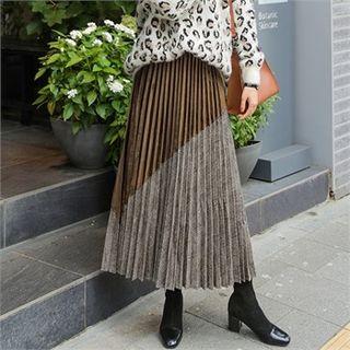 Accordion-pleat Contrast-panel Long Skirt