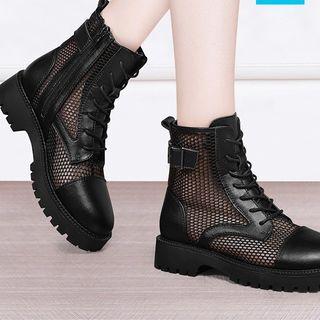 Mesh Panel Belted Lace-up Short Boots