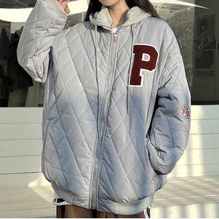 Detachable-hood Quilted Zip Baseball Jacket