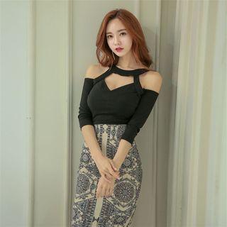 Set: Open Shoulder Elbow-sleeve Top + Print Midi Skirt