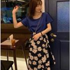 Floral Midi Skirt/ Plain Short-sleeve T-shirt