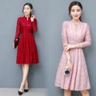 Elbow-sleeve Gathered-waist Stand Collar A-line Sheath Plain Lace Long Dress
