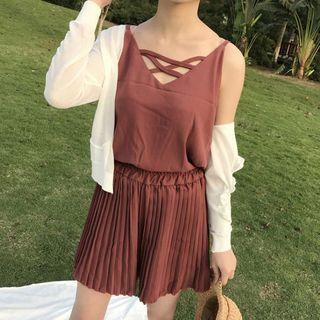 Set: Crisscross Front Spaghetti Strap Top + Accordion Pleat Culottes