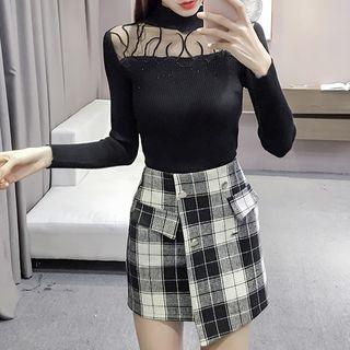 Mesh Yoke Mock-neck Knit Top