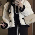 Contrast Furry Cropped Jacket / Elastic High-waist Plain Drawstring Straight Leg Pants