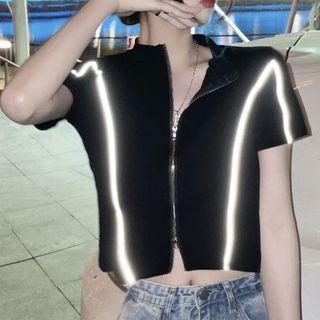 Short-sleeve Contrast Trim Zip Crop Top