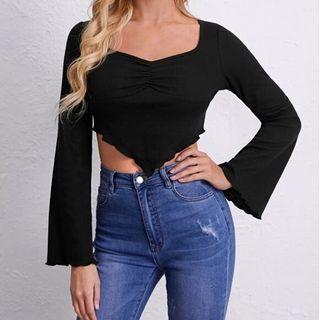 Bell-sleeve V-neck Ruffled-trim Crop Top