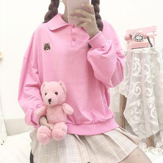 Bear Embroidered Collared Long-sleeve T-shirt As Shown In Figure - One Size