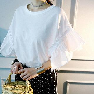 Drawcord Ruffle-sleeve Cotton Top