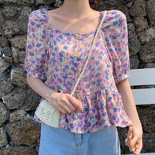 Flower Print Short-sleeve Blouse / Shift Dress