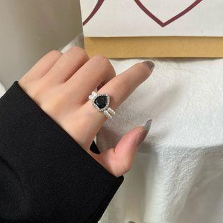 Heart Rhinestone Faux Pearl Layered Ring
