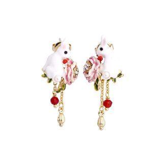 Fashion Cute Plated Gold Enamel Rabbit Flower Tassel Earrings With Cubic Zirconia And Imitation Pearls Golden - One Size