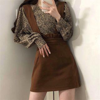 Long-sleeve Floral Blouse / Suspender Mini A-line Skirt