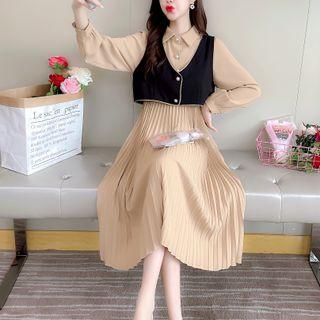 Set: Long-sleeve Pleated Shirtdress + V-neck Button-up Vest