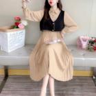 Set: Long-sleeve Pleated Shirtdress + V-neck Button-up Vest