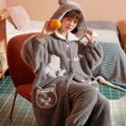 Loungewear Set : Fleece Bear Embroidered Hooded Robe + Pants