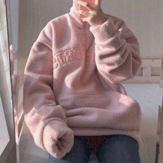 Embroidered Zip Front Fleece Pullover Cherry Pink - One Size