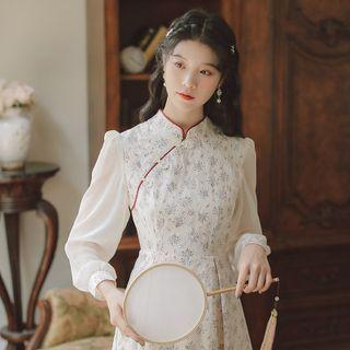 Mesh Panel Floral Qipao Dress