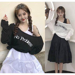 Set: Lettering Off Shoulder Pullover + Plain Midi Tank Dress