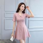 Short-sleeve Beaded A-line Mini Dress