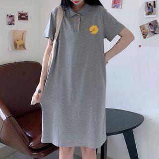 Short-sleeve Flower Print Shift Polo Dress