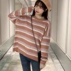 Round-neck Striped Sweater / Stand Collar Lace Top