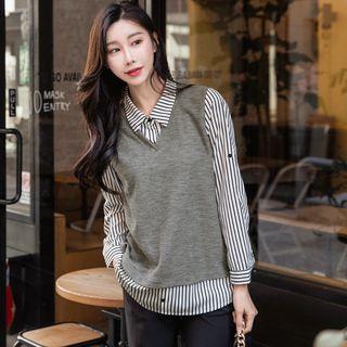 Inset Vest Tab-sleeve Striped Shirt
