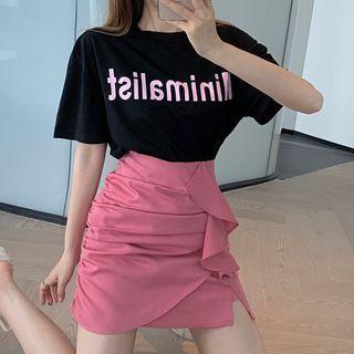 Lettering T-shirt / Ruffle Trim Mini Pencil Skirt / Set